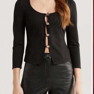 Reformation Owen Knit Top Black Button-Front Blouse
